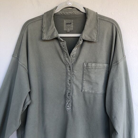 Aerie Henley Sweatshirt Top Women L Army Green Oversize Distressed Button Cozy - Picture 2 of 14